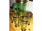 1950s GLASS LEMONADE SET GREEN/GILT TRIM VGC